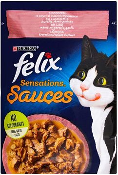 Вологий корм "Felix" Sensations Sauces з лососем в соусі зі смаком креветок, для дорослих котів 85 г 26 шт